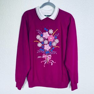 Cabin Creek Vintage Sweater Women Large Floral Puff Graphic Collared CottageCore